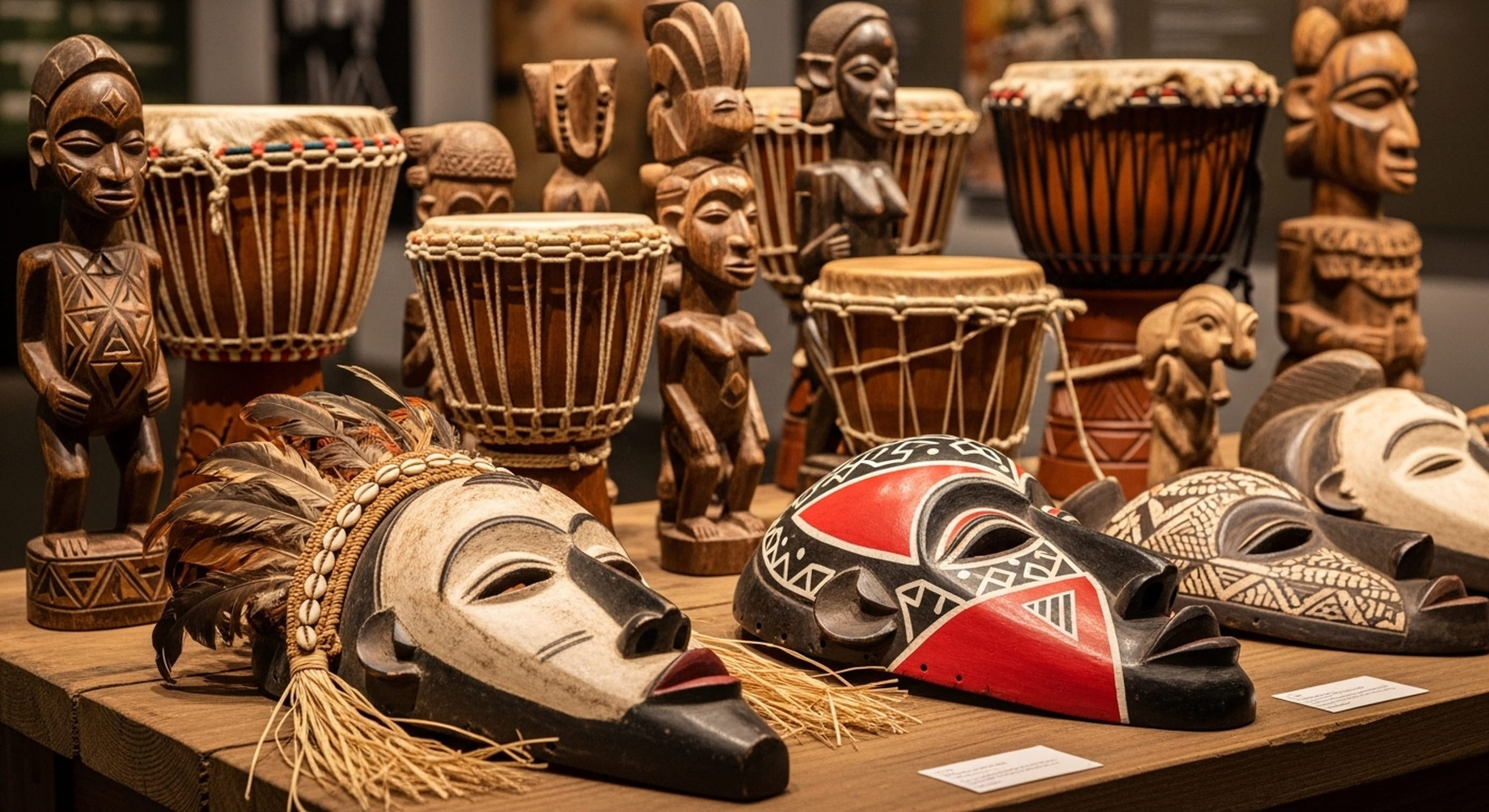 Hand-carved ceremonial wooden mask featuring geometric African patterns