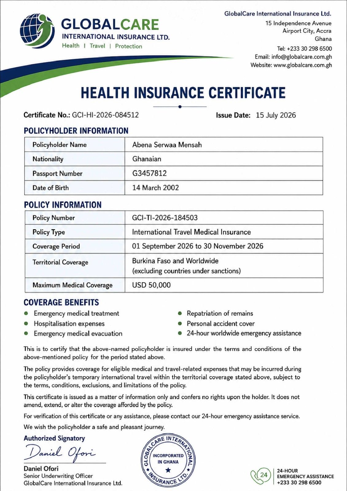 Health Insurance Certificate Sample