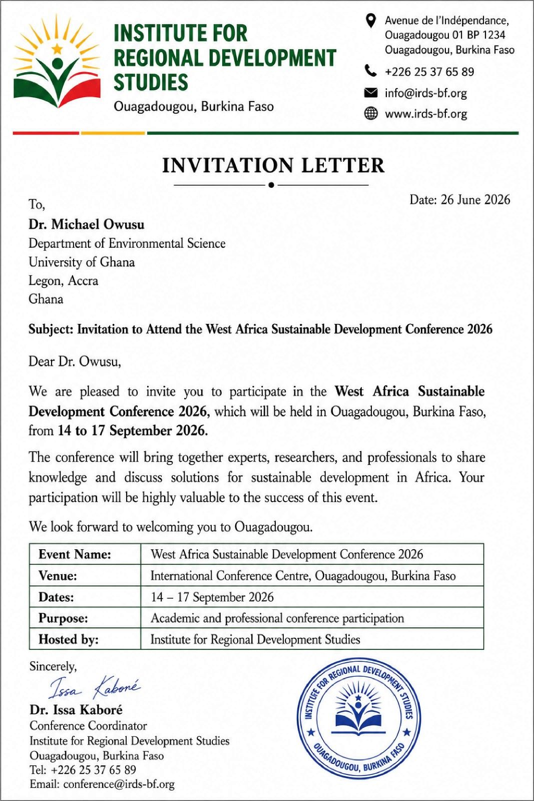 Invitation Letter For A Conference From A Study Institution In Burkina Faso