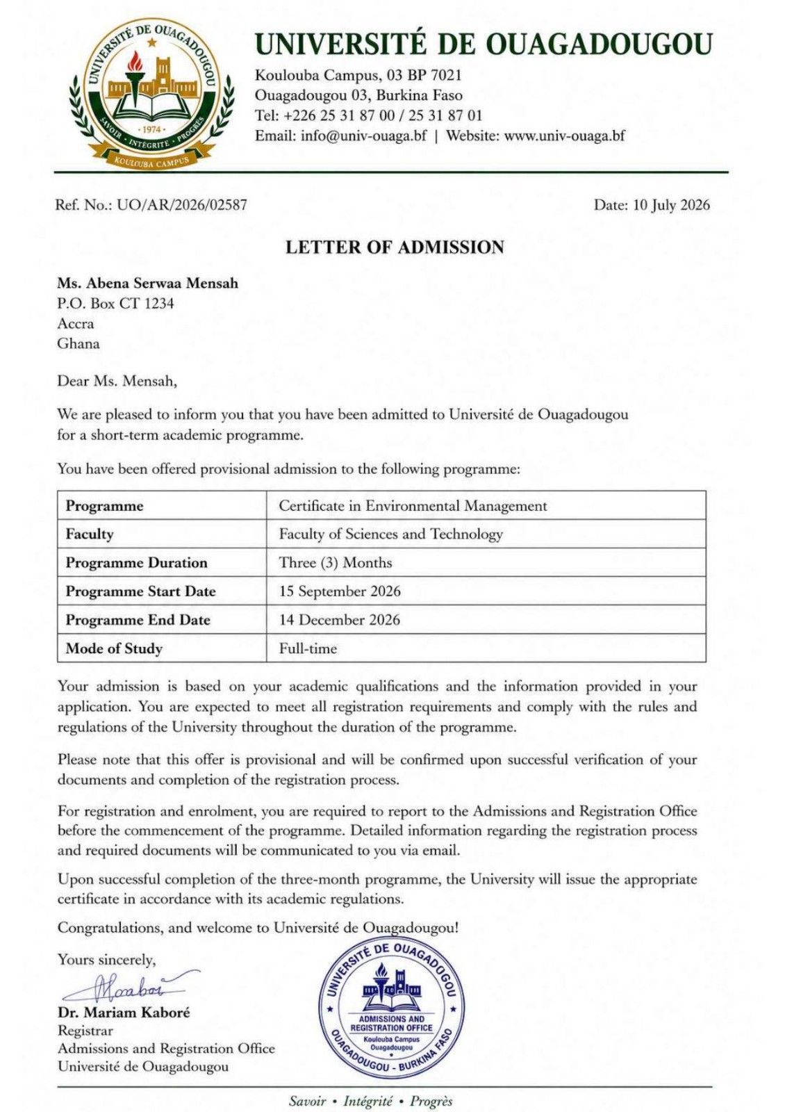 Registration Proof Issued By An Educational Institute In Burkina Faso