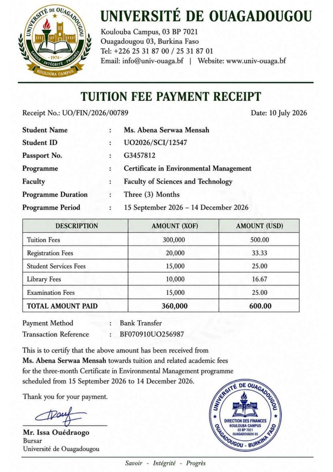 Tuition Fee Receipt Issued By An Educational Institute In Burkina Faso