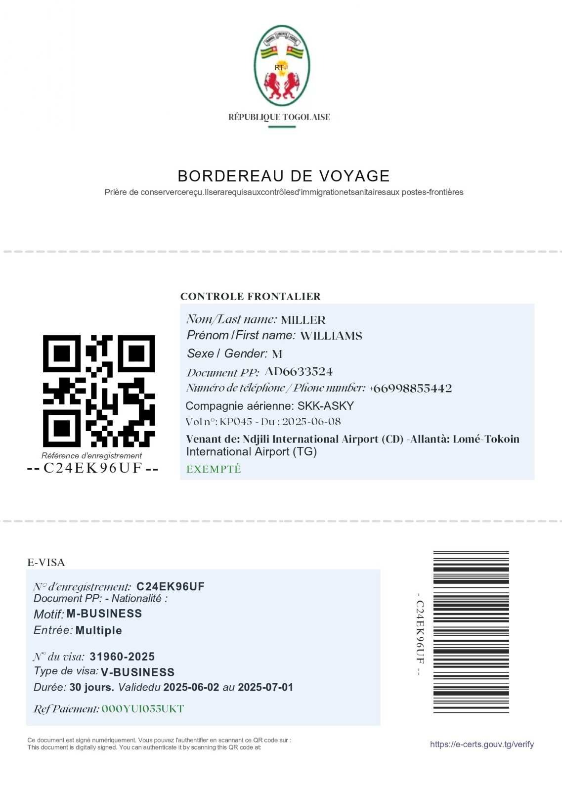 Visa Of The Country Of Destination Sample If Required